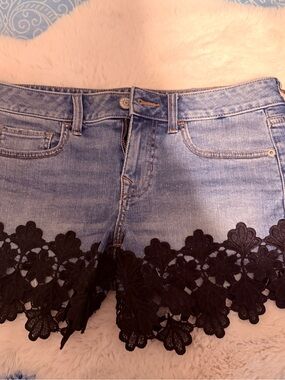 Express Blue Denim Jean Shorts with Black Lace Trim
